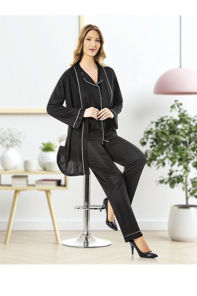 Pelin Women's Black Front Buttoned Piping Maternity Pregnant 3-Piece Pajama Set