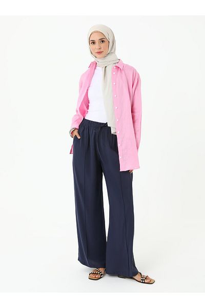 Refka Modal Trousers with Rib Detail and Pockets - Navy Blue - Refka