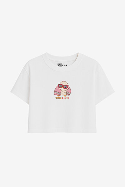 FANA Women's White Short T-Shirt Minimal Animal and Slogan Printed Summer Sem...
