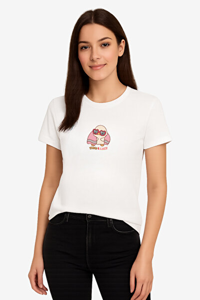 FANA Women's White T-Shirt Minimal Animal and Slogan Printed Summer T-Shirt