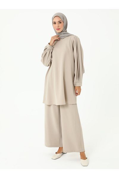 Refka Pili Detailed Tunic Trousers Double Crepe Suit - Mink - Refka