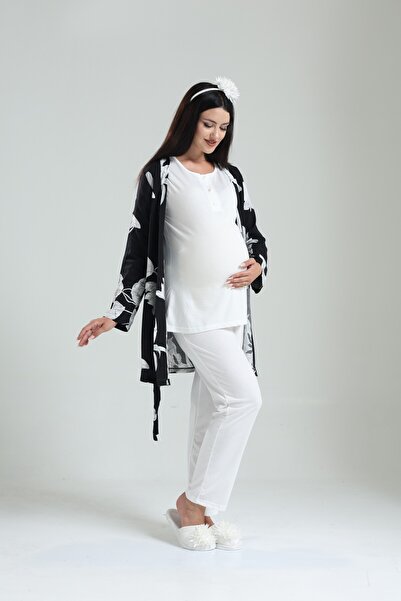 Yulem Homewear Black Patterned Cotton Woven Maternity Maternity Pajama Set of 3