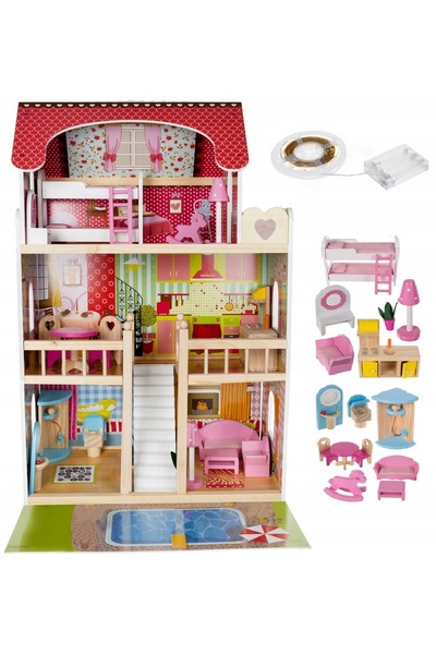 zola Casuta de papusi din lemn, Zola, complet mobilata, 3 etaje, cu piscina, sezlong si gratar, iluminata