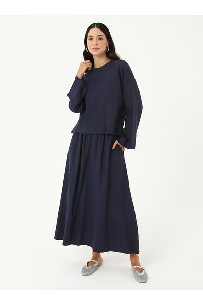 Benin Linen Blend Blouse & Skirt Double Set - Navy Blue - Benin