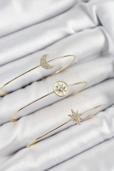 Clariss Brass Zircon Stone Moon and Polar Star Model Gold Color Vip 3-Piece Women's Bracelet