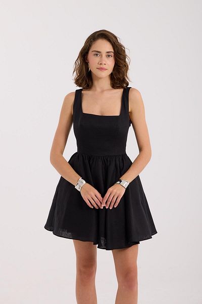 NOK İSTANBUL Back to Love 100% Linen Mini Dress Black