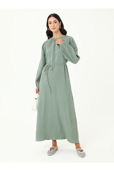 Benin Muslin Fabric Buttoned Comfortable Fit Hijab Dress - Mint Green -