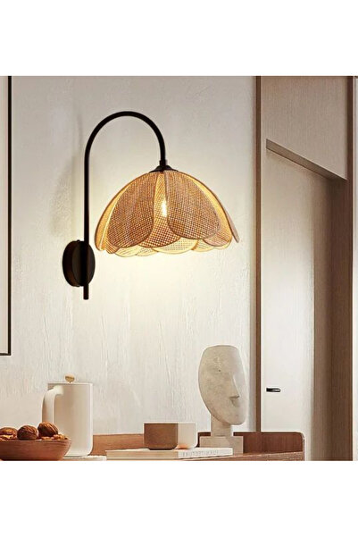 burenze Modern Tasarım Rose Çiçek Kablosuz Pilli Aplik Siyah Gövde Aç Kapa Butonlu Tak Çalıştır Ekru Kumaş