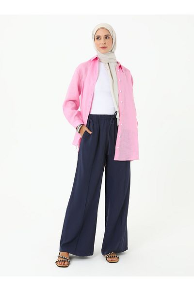 Refka Modal Trousers with Rib Detail and Pockets - Navy Blue - Refka