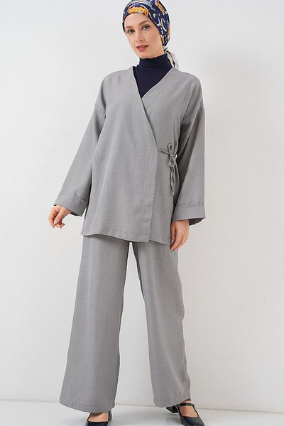 Bigdart Women's Double Breasted Collar Kimono Bottom Top Set 6743 - Gray