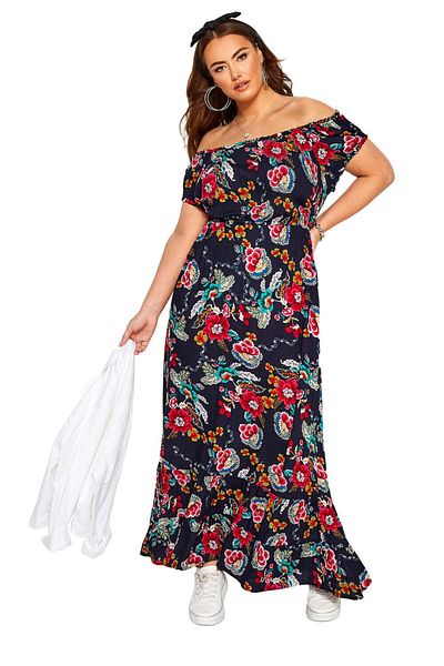 WildFashion Off-shoulder MAXI dress with ruffles and floral print T569-1122