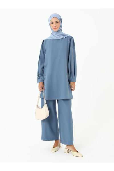 Refka Pili Detailed Crepe Tunic Trousers Double Set - Blue - Refka