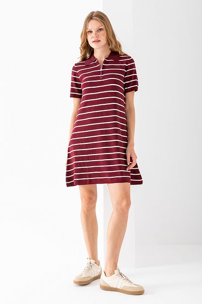GİYSA Rochie de damă cu guler polo cu fermoar detaliat tricotaj în dungi Roșu Claret Alb - 4003 Mărime Standard
