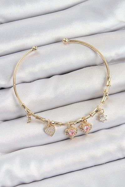 NETWORK ART Bfs Brass Zircon Stone Pink Heart Model Gold Color Charm Bracelet
