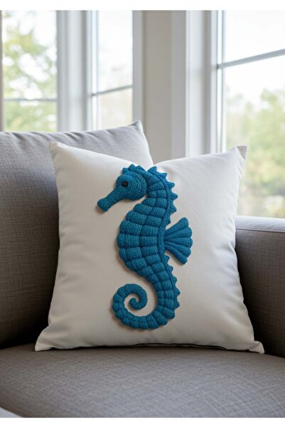Sakallı Punch Embroidery Pattern Digital Printed Marine Blue Sea Horse 2-Piece Throw Pillow Cover