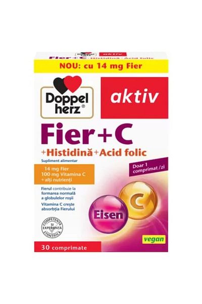 Doppelherz Fier activ + Vitamina C + Histidină + Acid folic, 30 de comprimate