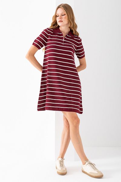 GİYSA Rochie de damă cu guler polo cu fermoar detaliat tricotaj în dungi Roșu Claret Alb - 4003 Mărime Standard