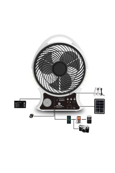 ZanaCasei Solar powered fan AC DC 18W 35cm 2 LED bulbs powerbank bluetooth FM radio USB