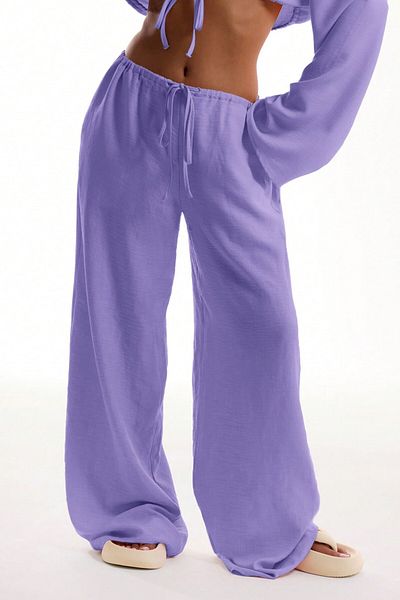 MODAGEN Lilac Purple Linen Aerobin Fabric Wide Leg Trousers with Tie Waist