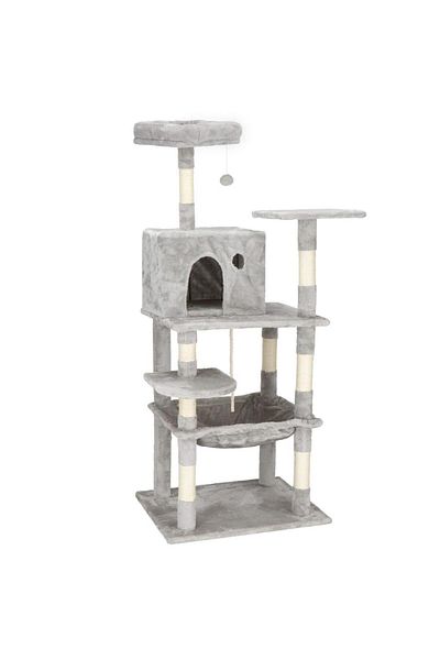 SERSIMO Cat play set, with scratching post, hiding place, bed, ball, rope, 145cm, gray