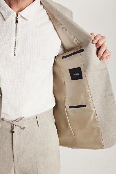 Tudors Erkek Regular Fit Bej Esnek Likralı Kumaş Mono Yaka Torba Cepli Takım Elbise