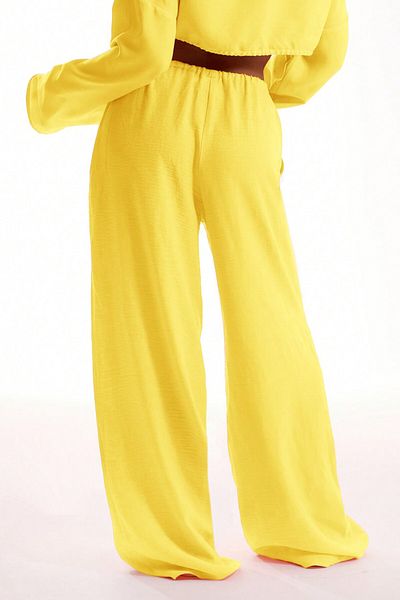 MODAGEN Yellow Linen Aerobin Fabric Wide Leg Trousers with Waist Tie
