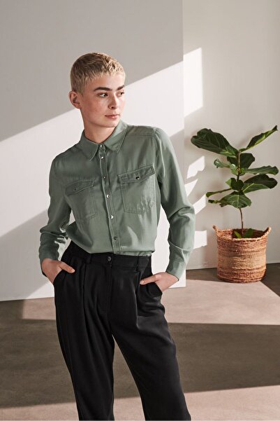 Tchibo Women Spread Collar Long Sleeve Plain Shirt, Olive