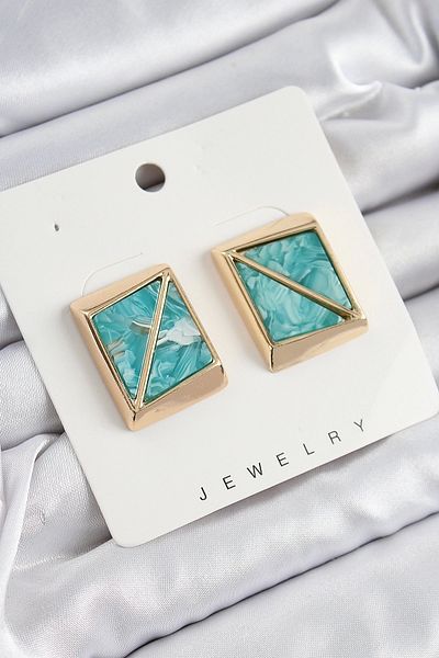 Clariss Brass Turquoise Triangle Cut Detailed Square Model Vintage Gold Color Women's Earrings