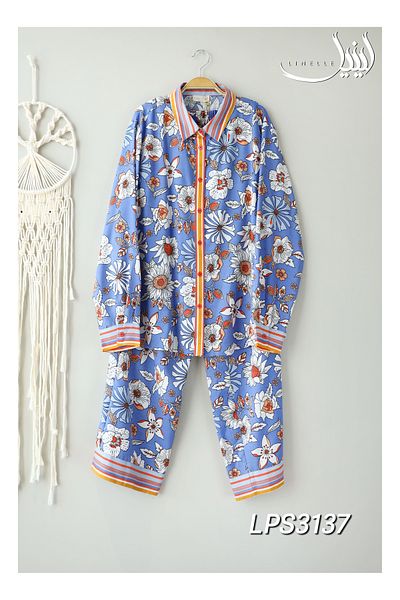 LINELLE Co-Ord Set – Blue, White and Multi-coloured Printed Shirt and Pant.