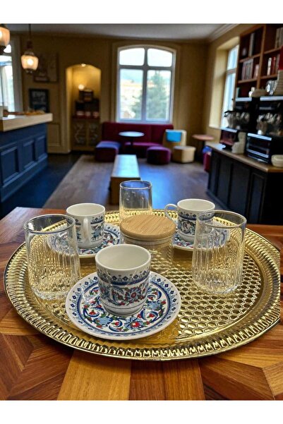 Noah Exclusive Turkish Coffee Presentation Set - Tray - 3 Coffee Cups with Plate - 3 Coffee Cups - Mercury