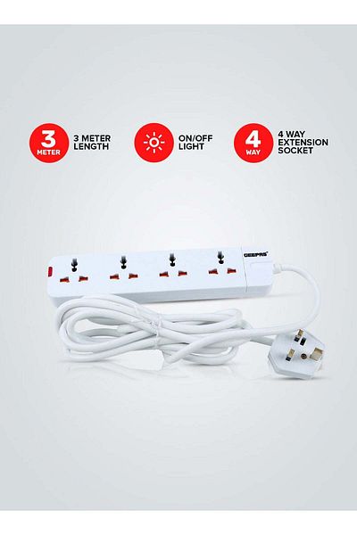 Geepas 4 Way Extension Socket 13A - Extension Strip With Led Indicators | Child Safe | Extra Long Co