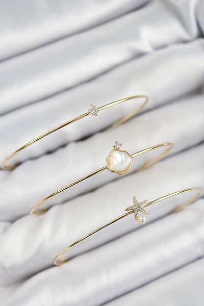 NETWORK ART Bfs Brass Zircon Stone Oyster and Starfish Model Gold Color Vip 3-Piece Women's Bracelet