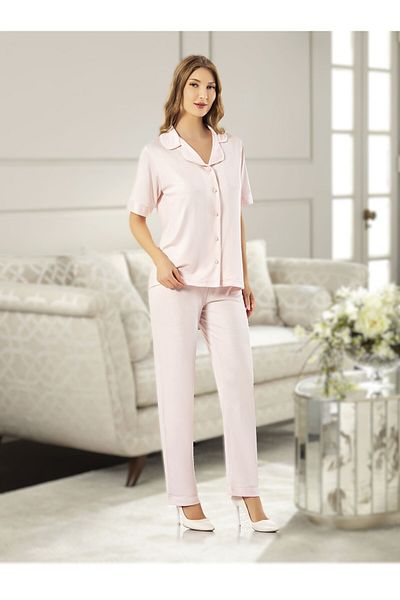 Pelin Women's Powder Front Buttoned Piping Maternity Pregnant 3-Piece Pajama Set