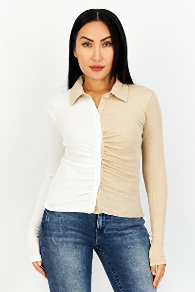NA-KD Women Spread Collar Two-Tone Long Sleeve Blouse, Beige