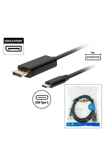 Lanberg Cable USB-C la DisplayPort, 3m, tata-tata, Lanberg 43682, HDR, DPCP 1.0, 4K-60Hz, negru