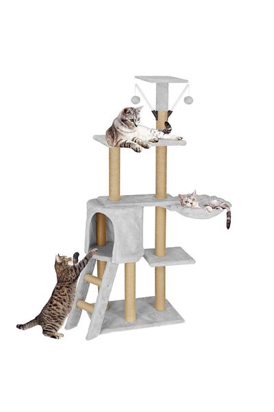SERSIMO Cat Playset, Scratching Post, Hideaway, Mouse, 136cm, Grey