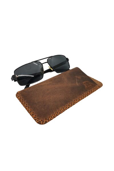 Natty Pell Glasses Case in Leather, Brown with Orange X Stitch, Size L