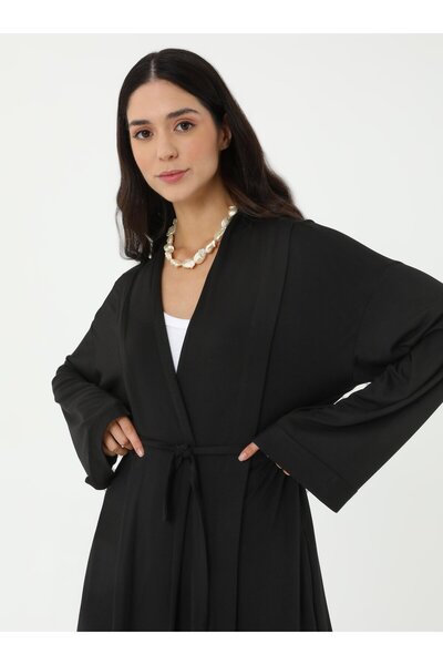 Benin Set tricotat kimono lung și pantaloni din țesătură de viscoză - negru - Benin