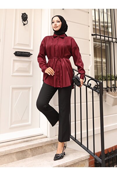 VAV Patterned Satin Shirt - Burgundy - Vav