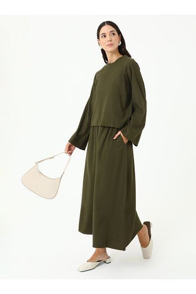 Benin Linen Blend Blouse & Skirt Double Set - Khaki - Benin