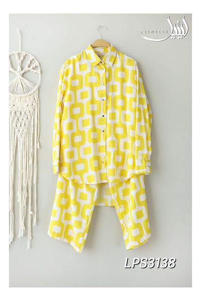 LINELLE Co-Ord Set – Yellow and White Printed Shirt and Pant in Cotton-Polyester Blend.