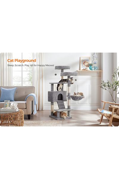 feandrea Cat Play Set, Tree Type, With 3 Cushions, 50x45x142cm, Gray