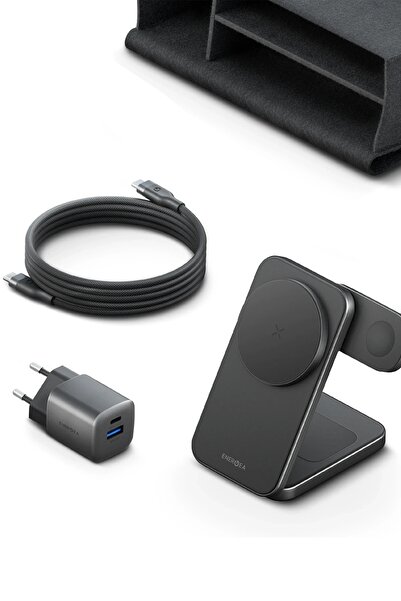 WANNACASE 100W Type-C to Type-C Manyetik Kablolu 35W Adaptör 3in1 Kablosuz Şarj Standı Set Seyehat Kit Çanta