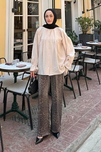 lamelif Roba Detailed Hijab Shirt Beige