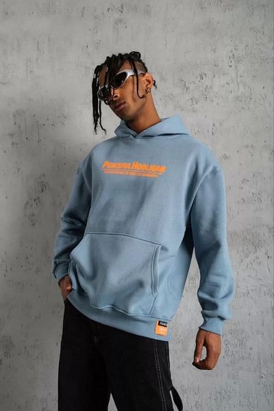 Silerra Men's Embroidered Printed Hooded Sweatshirt - Blue