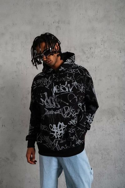 Silerra Men's Printed Hooded Ribbed Sweat - Black