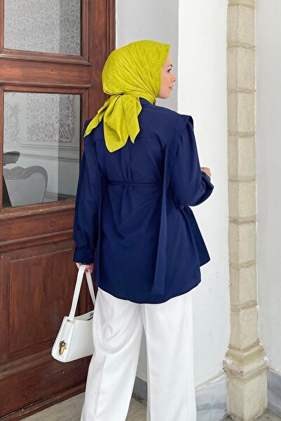 lamelif Сорочка з поясом і накладками на плечах, темно-синя