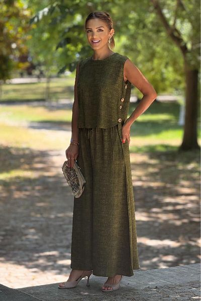 Nevin Kaya Moda Sicily Moss Color Buttoned Trousers Blouse Double Suit