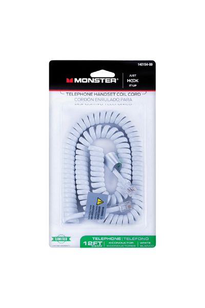 Monster Jhiu Just Hook It Up 4-Conductor Telephone Handset Coiled Cord White 12ft