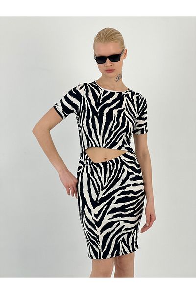 Miss Poem Women's Navel Exposed Zebra Patterned Black Ecru Short Dress